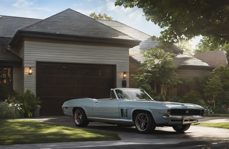 Classic American car parked in front of a house in the evening lightの素材