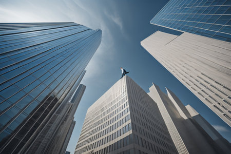 Businessman flying in the sky with skyscrapers in the backgroundの素材