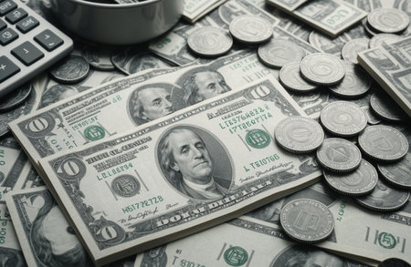 Dollars and coins on the table. Black and white photo.の素材