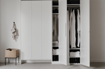 Wardrobe with white walls, tiled floor and wooden chest of drawersの素材