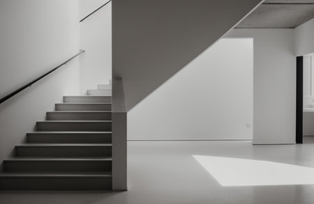 interior of modern bright room with white walls, concrete floor and stairsの素材