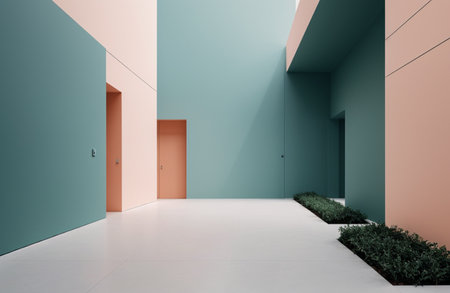Interior of modern office corridor with green walls, white floor and orange doors. 3d renderingの素材