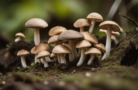 Mushrooms growing on a tree stump in the forest. Shallow depth of field.の素材