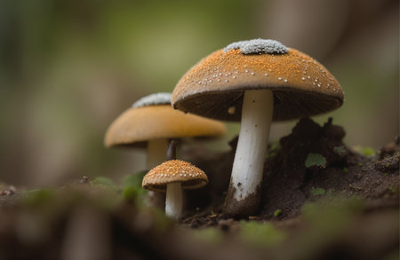 Mushrooms growing on the ground in the forest, macro photographyの素材