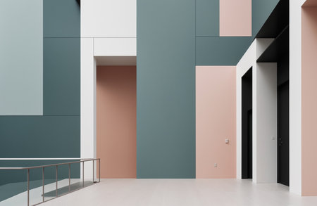 Interior of modern empty room with green and pink walls, white floor and stairs. 3d renderingの素材