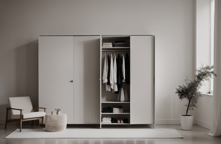 Modern interior of living room with wardrobe, armchair and coffee tableの素材