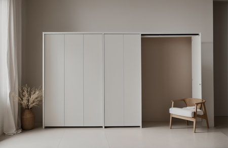 Interior of modern living room with white walls, concrete floor, white cupboard and wooden armchair. 3d renderingの素材