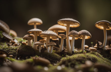 Mushrooms growing on a stump in the forest. Shallow depth of field.の素材