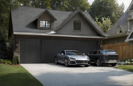 Modern house with garage and car parked in front of the house.の素材