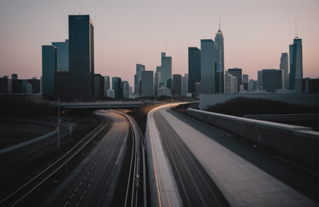 A long exposure shot of a highway passing through a city during sunsetの素材