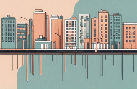 Cityscape with river and buildings. Vector illustration in retro style.の素材