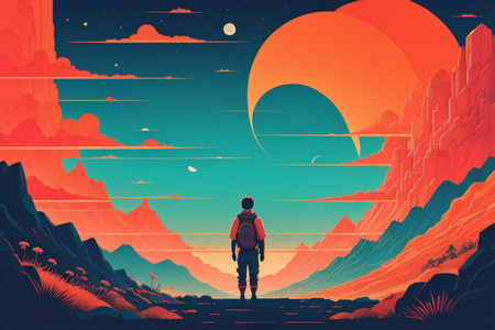 Astronaut looking at the sun. Vector illustration in retro styleの素材