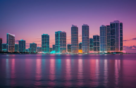 Miami city skyline at dusk with urban skyscrapers over sea.の素材