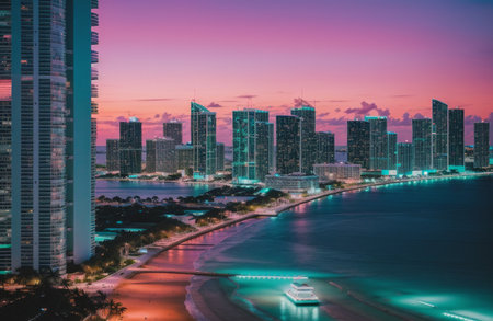 Miami, Florida, United States of America downtown skyline at dusk.の素材