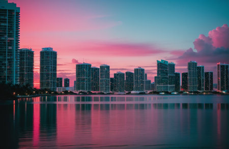 Miami city skyline at sunset with reflection in water, Florida, USA.の素材