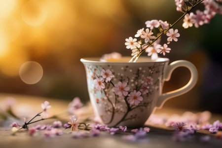 Cup of tea with pink cherry blossoms on wooden table.の素材