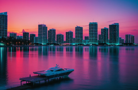 Miami city skyline at sunset with urban skyscrapers and boats.の素材