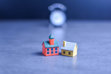 Two model houses with blurred clock in background suggest themes of home ownership, real estate...
