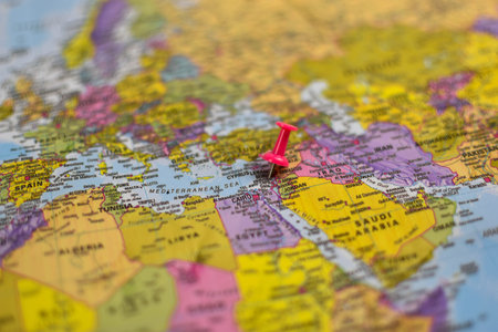 Red pushpin marks Egypt on political map of Middle East and North Africa, indicating geographic...