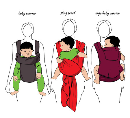 illustration of mothers with children in a sling on white background. Template posterのイラスト素材