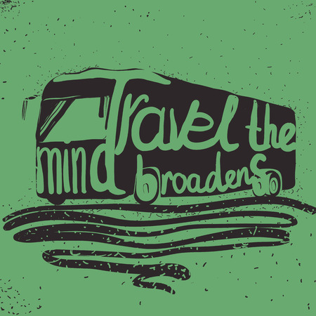 illustration of lettering travel, typographic, camp calligraphy, silhouette trailer, caravan.のイラスト素材