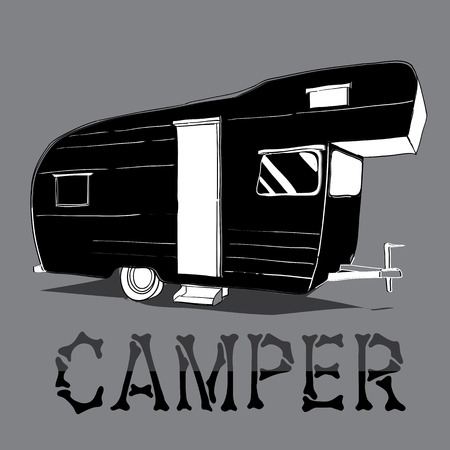Vector illustration of isolated Hand Drawn, doodle Camper, car Recreation transport,  Vehicles Camper Vans Caravans Icons. Motor home. Object with text.のイラスト素材