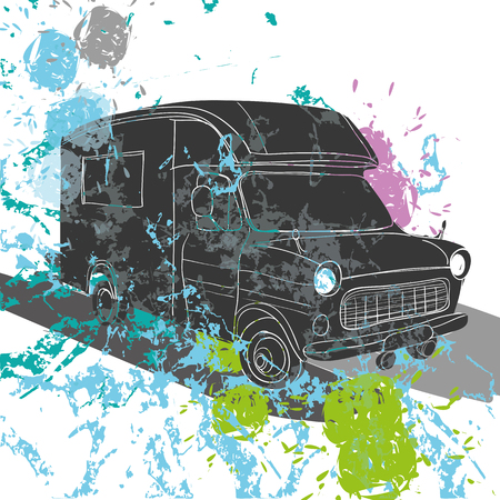Vector illustration of isolated watercolor, spot and spray effect Camper, car Recreation transport, Vehicles Camper Vans Caravans Icons. Motor home. Object with text.のイラスト素材