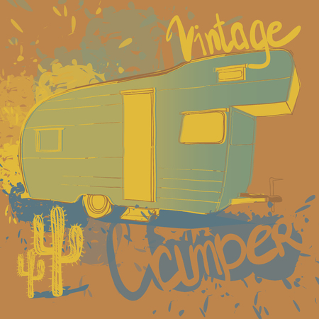 Vector illustration of isolated watercolor, spot and spray effect Camper, car Recreation transport, Vehicles Camper Vans Caravans Icons. Motor home. Object with text.のイラスト素材