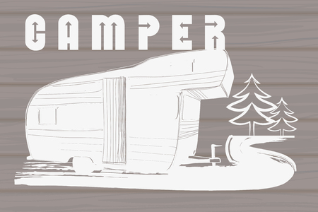 Vector illustration of Vintage Hand Drawn logos design on wood background, Camper trailer, car Recreation transport, Vehicles Camper Vans Caravans Icons, badges, stamp, print, types, sign.のイラスト素材
