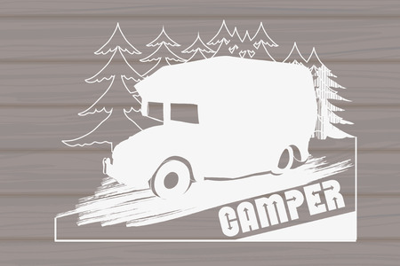 Vector illustration of Vintage Hand Drawn logos design on wood background, Camper trailer, car Recreation transport, Vehicles Camper Vans Caravans Icons, badges, stamp, print, types, sign.のイラスト素材