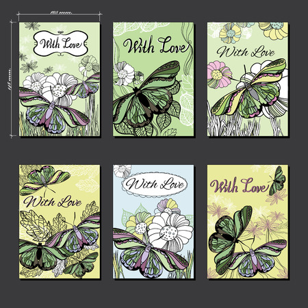 Vector illustration of set hand Floral card a6 with butterfly. Hand drawn graphic line card With Love.のイラスト素材