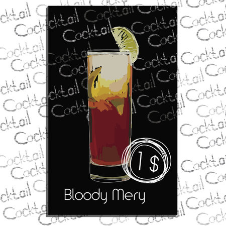 Vector illustration of Cocktail Bloody Mery with price on chalk board. Template elements for cocktail menu. Hand drawn drink for cocktail barのイラスト素材