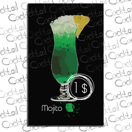 Vector illustration of Mojito with price on chalk board. Template elements for cocktail menu. Hand drawn drink for cocktail barのイラスト素材