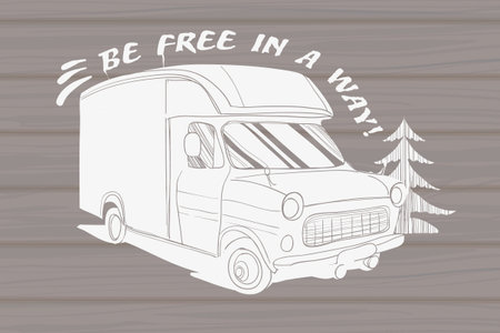 Vector illustration of Vintage Hand Drawn logos design on wood background, Camper trailer, car Recreation transport, Vehicles Camper Vans Caravans Icons, badges, stamp, print, types, sign.のイラスト素材