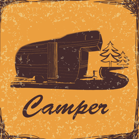 Vector illustration of Vintage Poster with Trailer, Vehicles Camper Vans Caravans typographic, silhouette trailer, caravan. Print for textile with text. Postage Stampのイラスト素材