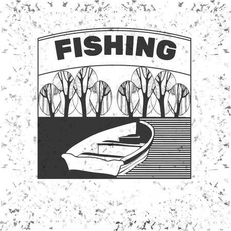 Vector illustration of vintage camping and outdoor adventure emblems, logos and badges. Camping equipment. Fishing in the forest.のイラスト素材