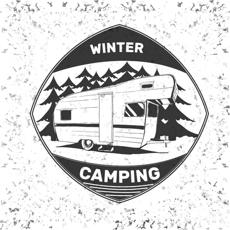 Vector illustration of vintage camping and outdoor adventure emblems, logos and badges. Camping equipment. Camp trailer in the forest.のイラスト素材