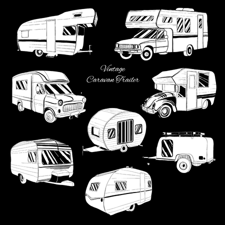 Vector illustration of Set isolated Hand Drawn, doodle Camper trailer, car Recreation transport, Vehicles Camper Vans Caravans Icons. Motor home. Graphic object.のイラスト素材