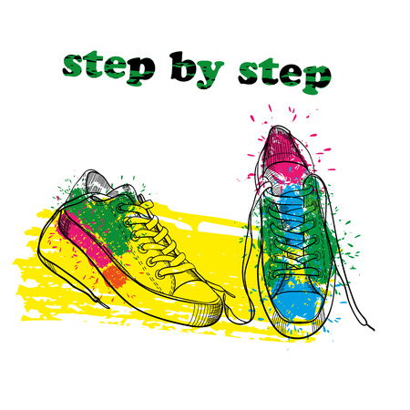 Vector illustration of Hand drawn sport shoes with watercolor effect, ink, art and blot object. Step by step. Green spring.のイラスト素材