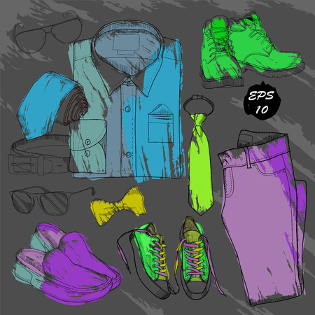 Hand drawn, doodle coordination folded shirt, tie, trouses, shoeのイラスト素材