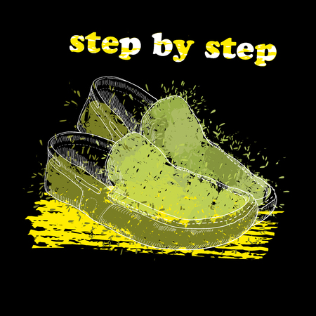 Hand drawn moccasin shoes with watercolor effect, ink, art and blot object. Step by step. Green spring.のイラスト素材