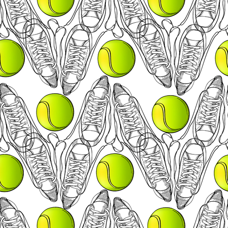Seamless pattern with tennis, rackets, ball. Hand drawn, drawing paper, design pattern, backdrop. Sport inventory for winner.のイラスト素材