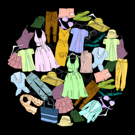 drawing Set Summer clothes for women. Natural, trendy color. Girl vacation for Sale and retail. Special offer. Isolated doodle objects.のイラスト素材