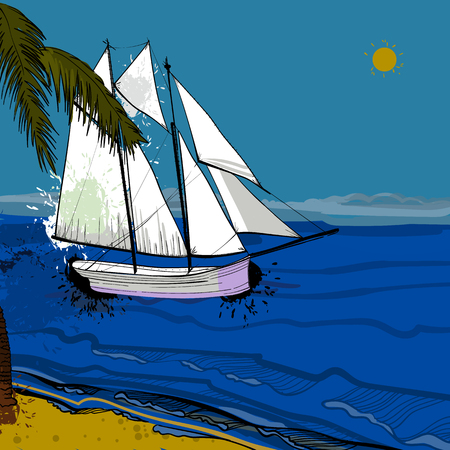 illustration of front view of sea, Sailboat and beach with sand, palms, sun. Graphic postcard in flat lay style. Boat on the water for summer holiday.のイラスト素材