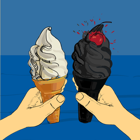White and Black,charcoal melting ice-cream cone with cherry in hand on nautical background. Hand drawn design for Summer.のイラスト素材