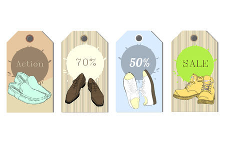 illustration of Set Tags hand drawn graphic Man and Women Footwear, shoes for store discount. Casual and sport style, gumshoes Shoes for all seasons. Moccasins, sneakers, boots, pumps. Doodle, drawnのイラスト素材