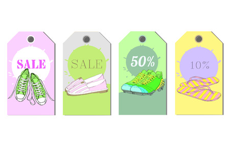 illustration of Set Tags hand drawn graphic Man and Women Footwear, shoes for store discount. Casual and sport style, gumshoes Shoes for all seasons. Moccasins, sneakers, boots, pumps. Doodle, drawnのイラスト素材
