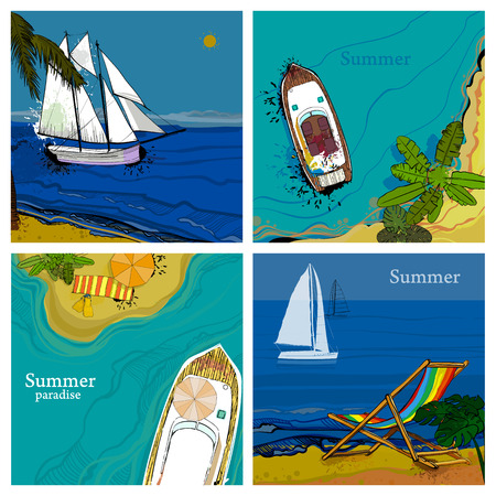 illustration of Set square card with top and front views of sea, Sailboat and beach with sand, palms, sun. Graphic postcards in flat lay style with spray. Boat, ship and sailboat on the water for summer holiday.のイラスト素材