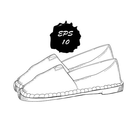 illustration of hand drawn graphic Men and women Footwear, shoes. Moccasins, sneakers, boots, pumps. Doodle, drawing Design isolated object.のイラスト素材