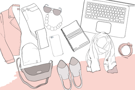 Hand drawn, doodle flat lay coordination. Feminine clothes collage. Women trendy fashion. Top views. Template for blogger, social mediaのイラスト素材